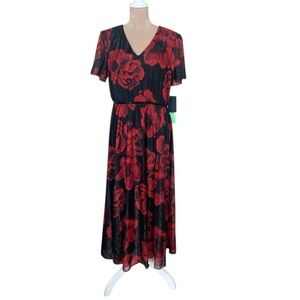NWT Alexa B Red Floral V-Neck Maxi Dress in Metallic Black Beaded Waist